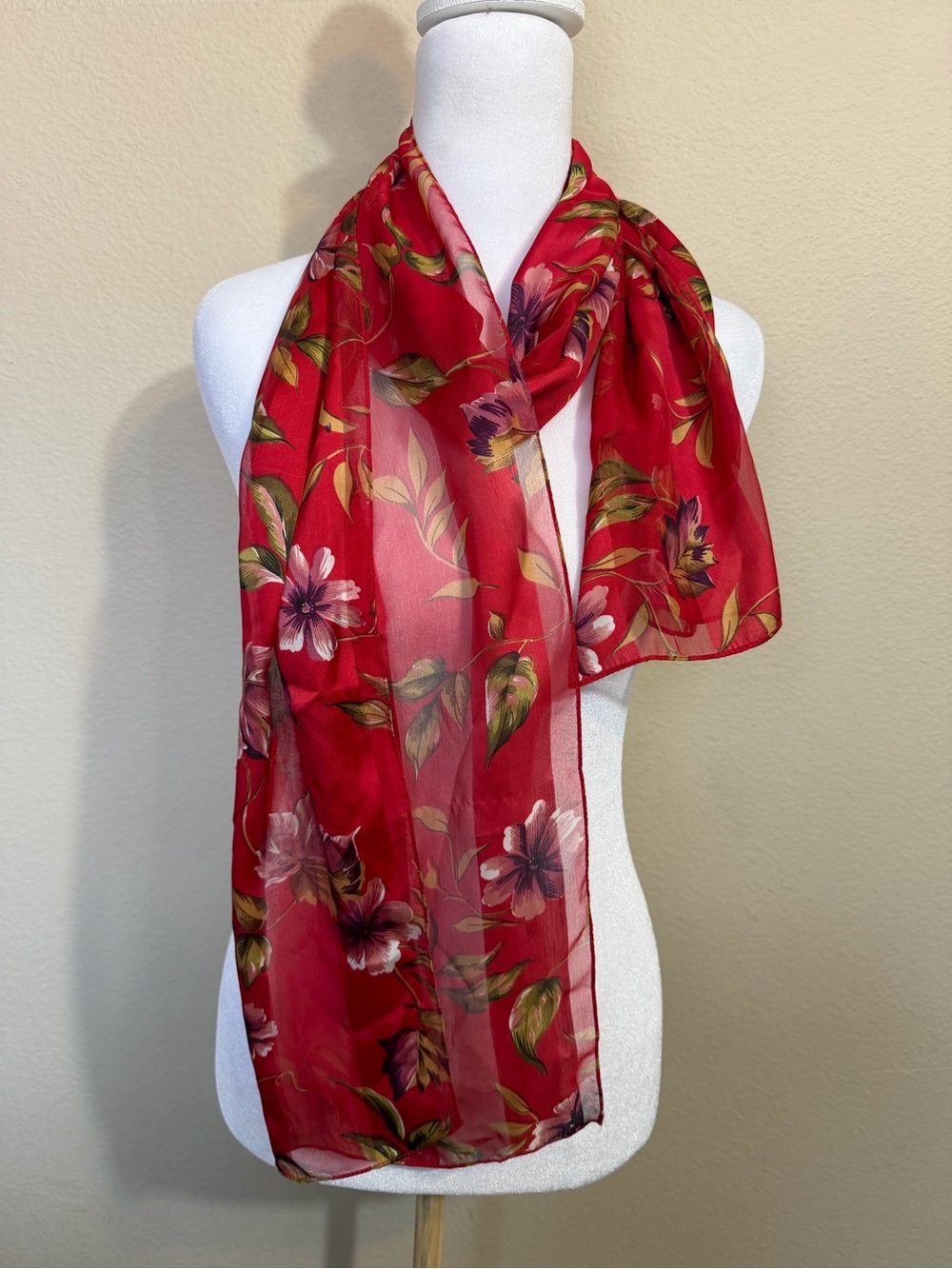 Red Floral Sheer Scarf - Women Accessories 64”x13”